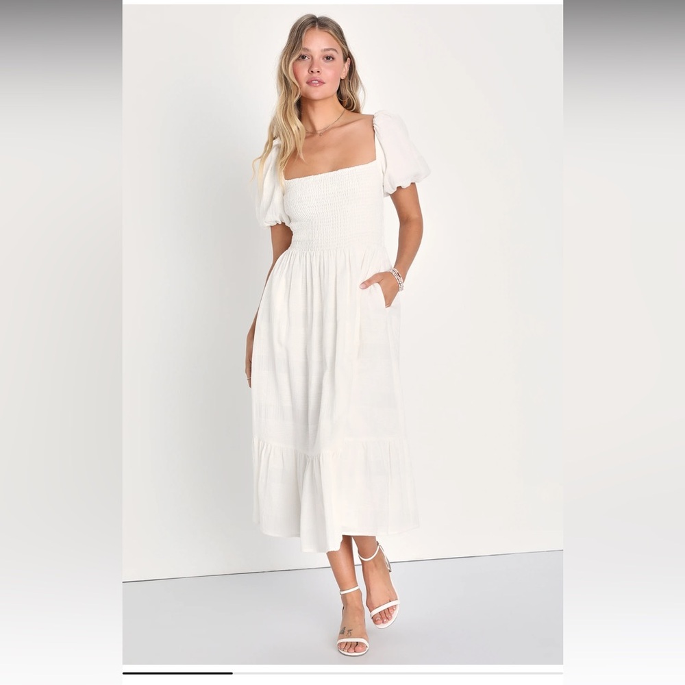 Lulus ✨Budding Charm White Smocked Puff Sleeve Midi Dress | Bridal Engagement